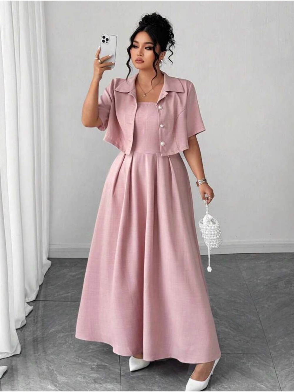 Dusty Pink Two-Piece Maxi Dress with Cropped Jacket